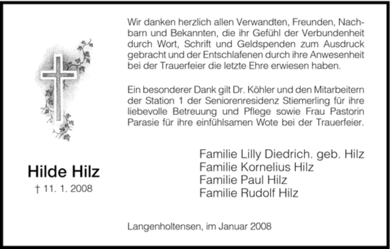  Traueranzeige für Hilde Hilz vom 26.01.2008 aus HNA