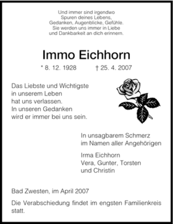 Traueranzeige von Immo Eichhorn von HNA