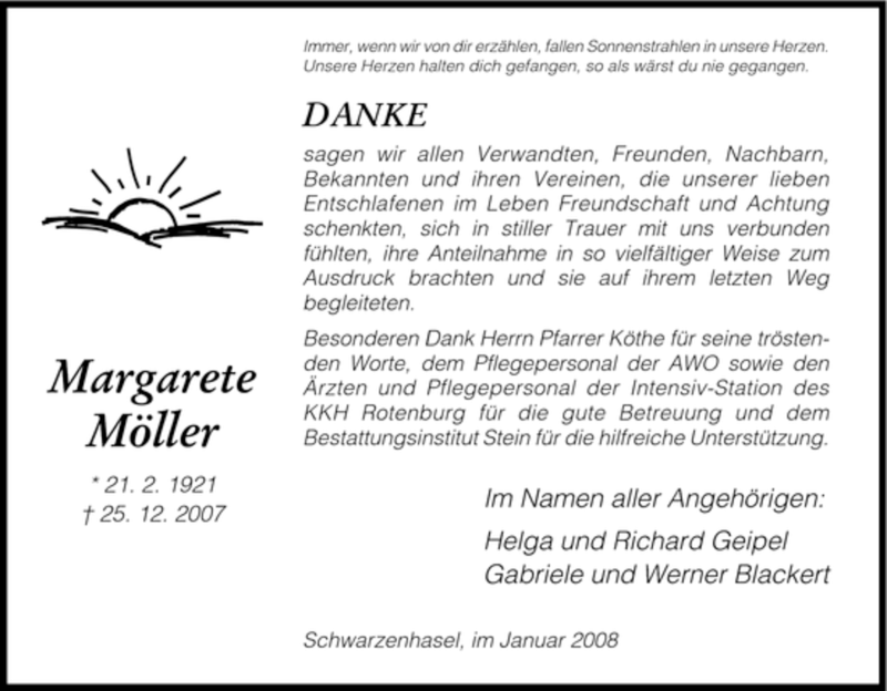  Traueranzeige für Margarete Moeller vom 31.01.2008 aus HNA