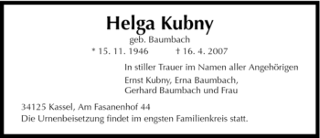 Traueranzeige von Helga Kubny von HNA