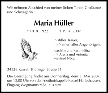 Traueranzeige von Maria Hüller von HNA