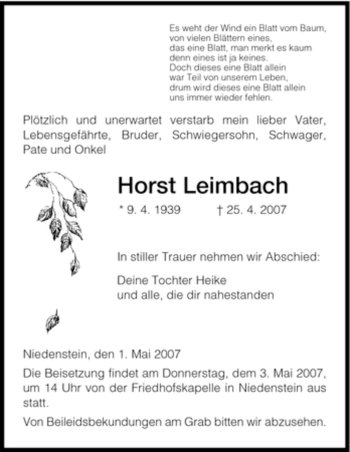 Traueranzeige von Horst Leimbach von HNA