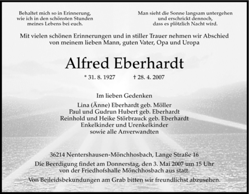  Traueranzeige für Alfred Eberhardt vom 01.05.2007 aus HNA