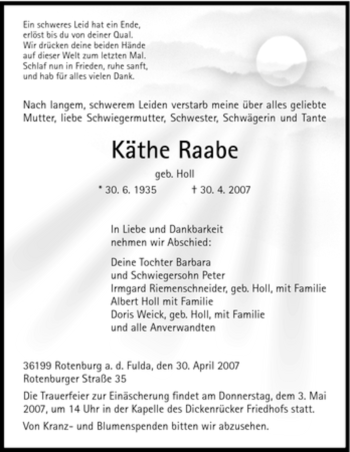 Traueranzeige von Käthe Raabe von HNA