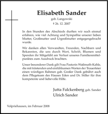 Traueranzeige von Elisabeth Sander von HNA