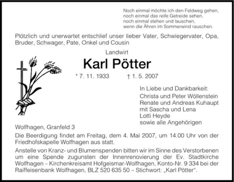  Traueranzeige für Karl Pötter vom 03.05.2007 aus HNA