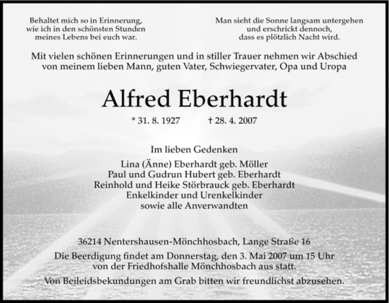  Traueranzeige für Alfred Eberhardt vom 03.05.2007 aus HNA
