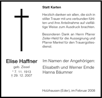 Traueranzeige von Elise Haffner von HNA