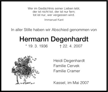 Traueranzeige von Hermann Degenhardt von HNA