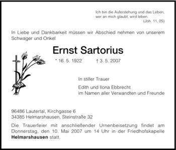 Traueranzeige von Ernst Sartorius von HNA