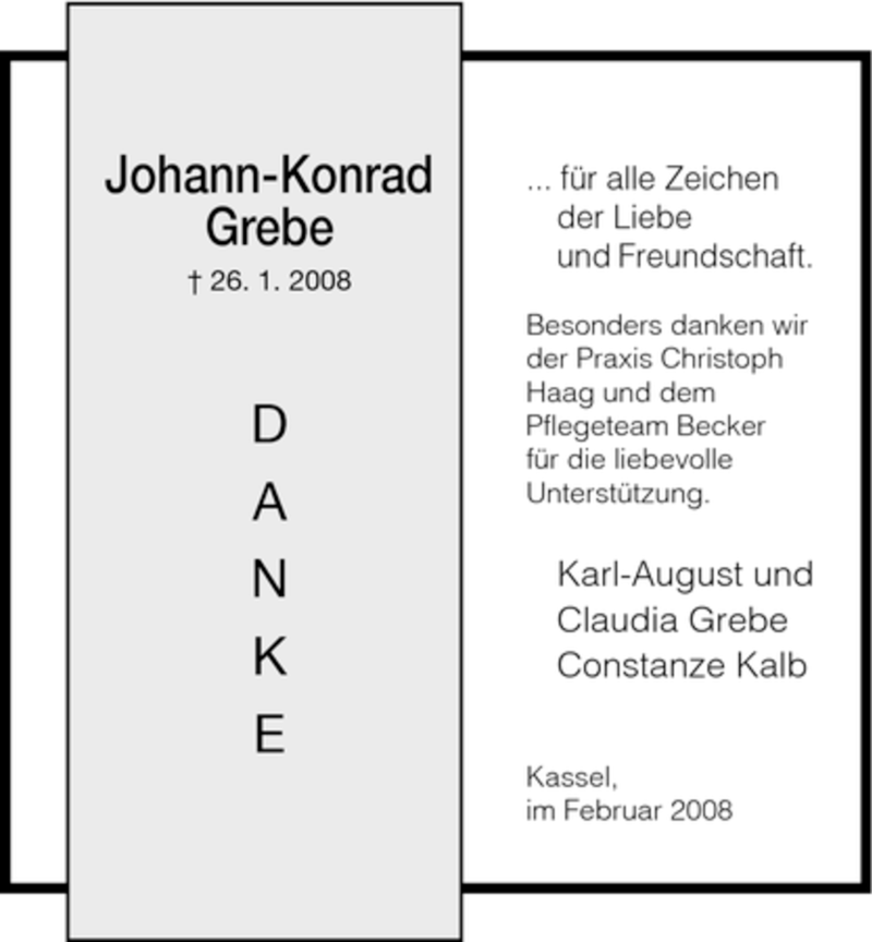  Traueranzeige für Johann-Konrad Grebe vom 16.02.2008 aus HNA