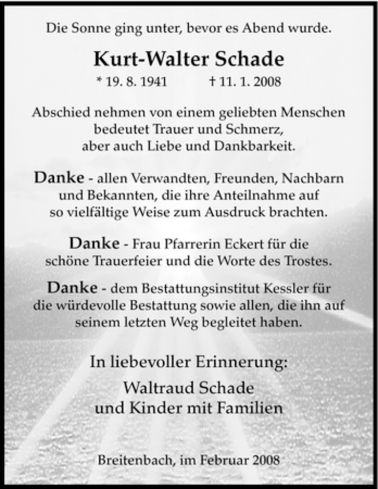 Traueranzeigen von KurtWalter Schade Trauer.HNA.de