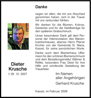 Traueranzeige von Dieter Krusche von HNA