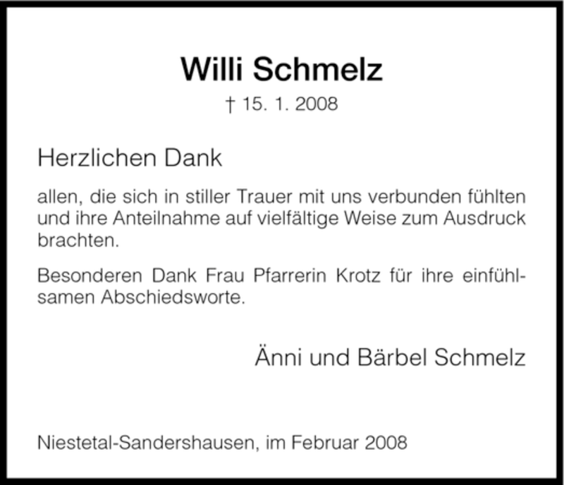 Traueranzeige für Willi Schmelz vom 16.02.2008 aus HNA