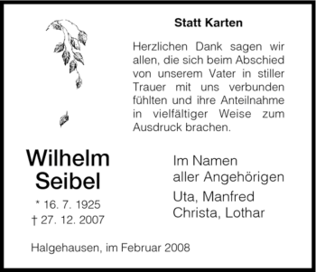 Traueranzeige von Wilhelm Seibel von HNA