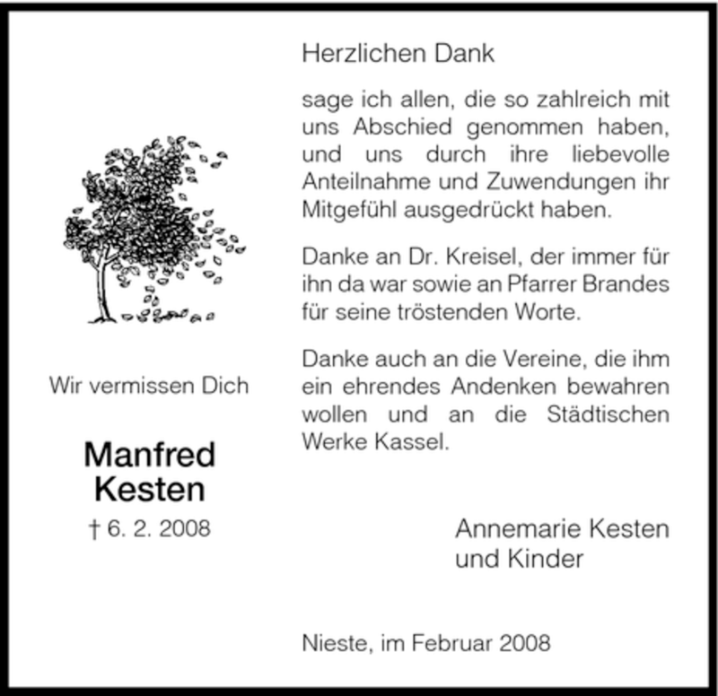  Traueranzeige für Manfred Kesten vom 16.02.2008 aus HNA