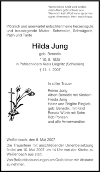 Traueranzeige von Hilda Jung von HNA