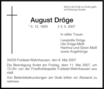 Traueranzeige von August Dröge von HNA