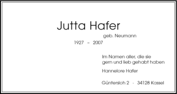 Traueranzeige von Jutta Hafer von HNA