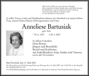 Traueranzeige von Anneliese Bartusiak von HNA