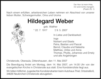 Traueranzeige von Hildegard Weber von HNA