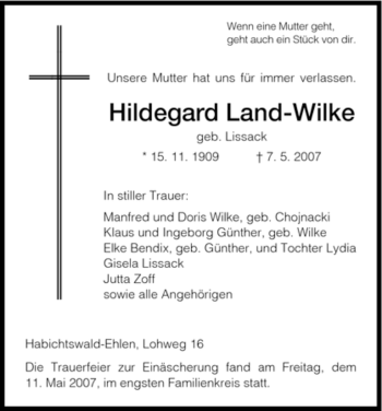 Traueranzeige von Hildegard Land-Wilke von HNA