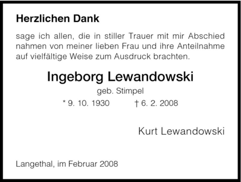  Traueranzeige für Ingeborg Lewandowski vom 28.02.2008 aus HNA