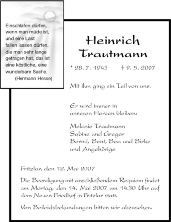 Traueranzeige von Heinrich Trautmann von HNA