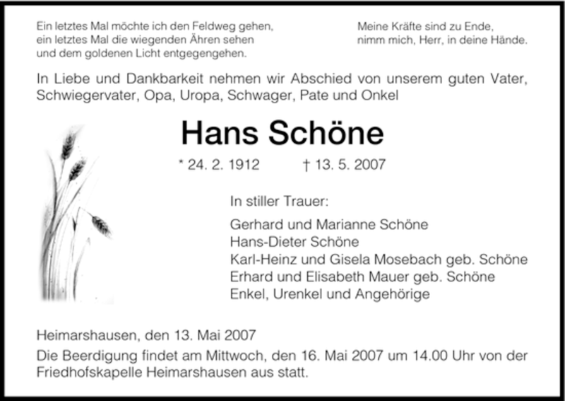  Traueranzeige für Hans Schöne vom 15.05.2007 aus HNA