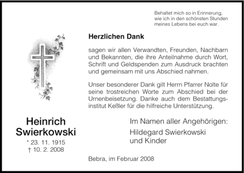 Traueranzeige für Heinrich Swierkowski vom 01.03.2008 aus HNA