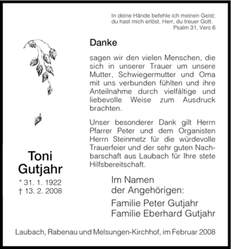  Traueranzeige für Toni Gutjahr vom 01.03.2008 aus HNA