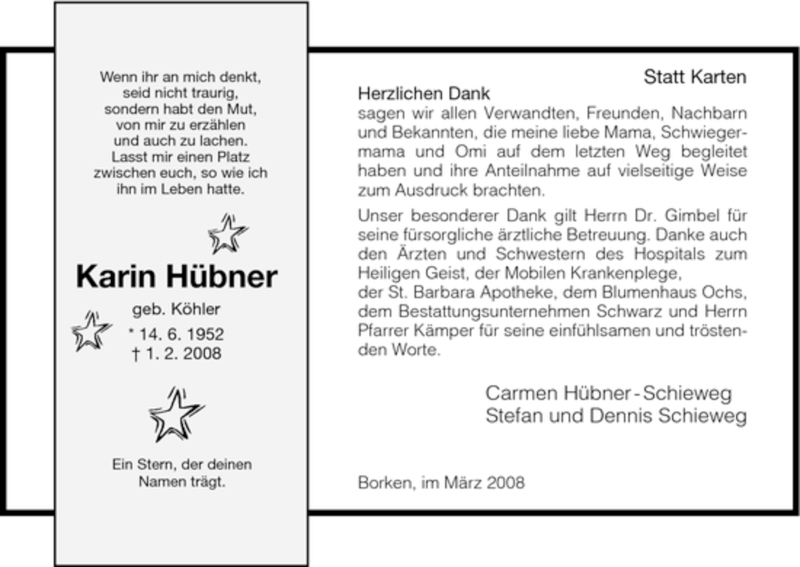  Traueranzeige für Karin Hübner vom 01.03.2008 aus HNA