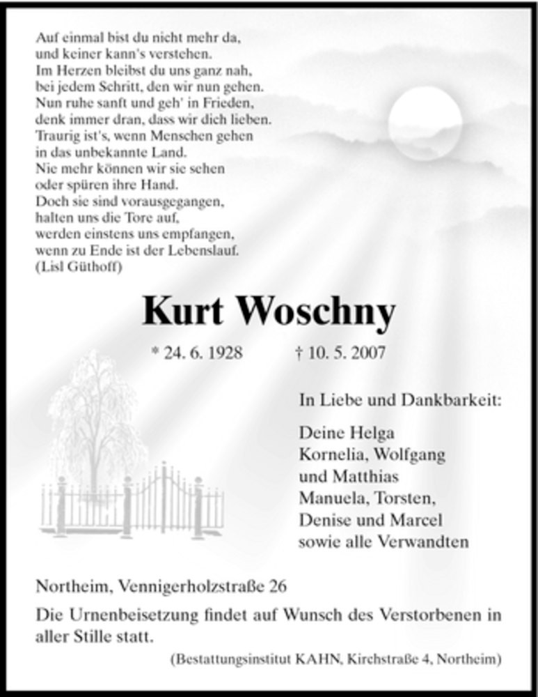  Traueranzeige für Kurt Woschny vom 16.05.2007 aus HNA