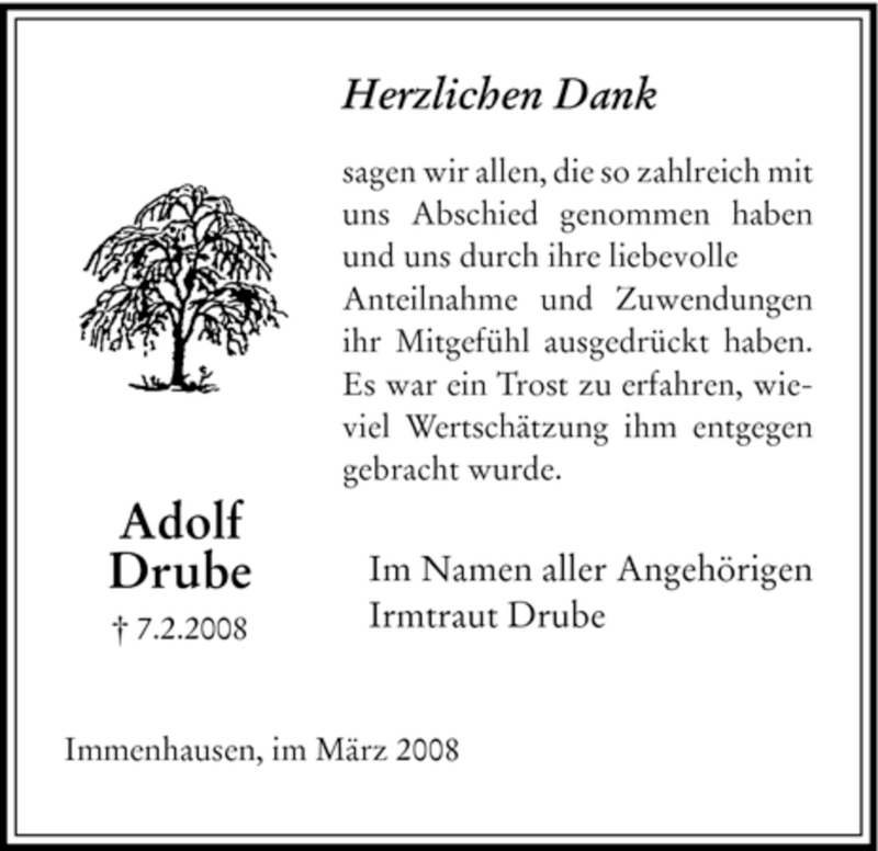  Traueranzeige für Adolf Drube vom 05.03.2008 aus HNA
