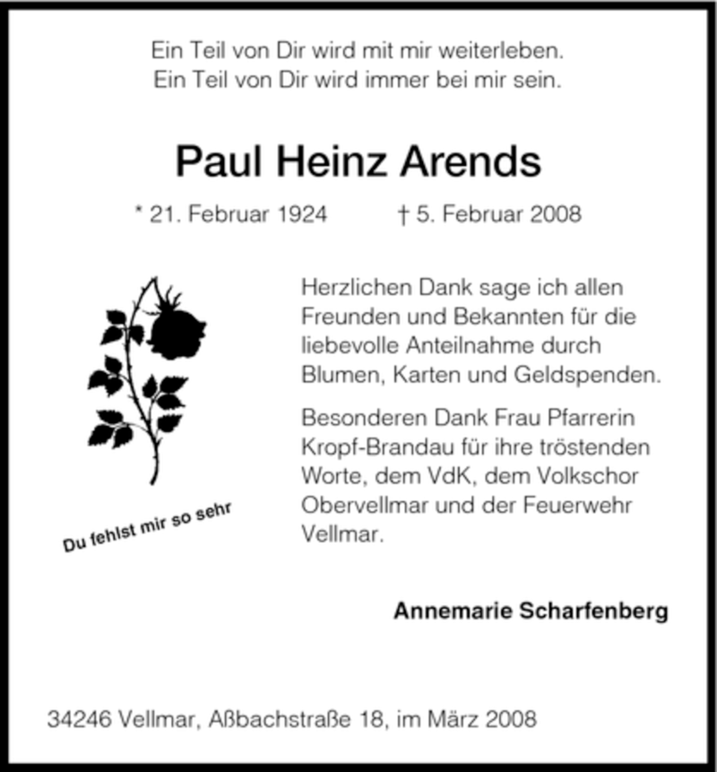  Traueranzeige für Paul Heinz Arends vom 06.03.2008 aus HNA