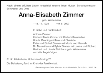 Traueranzeige von Anna-Elisabeth Zimmer von HNA