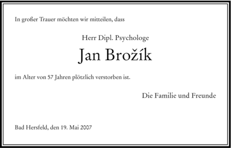  Traueranzeige für Jan Brozík vom 19.05.2007 aus HNA