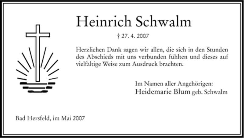  Traueranzeige für Heinrich Schwalm vom 19.05.2007 aus HNA