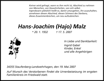 Traueranzeige von Hans-Joachim Malz von HNA