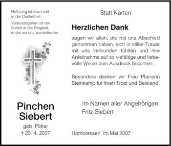 Traueranzeige von Pinchen Siebert von HNA