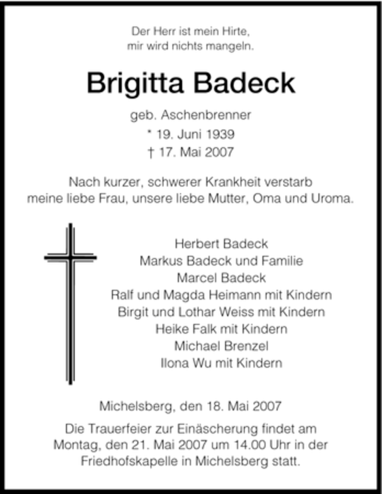  Traueranzeige für Brigitta Badeck vom 19.05.2007 aus HNA
