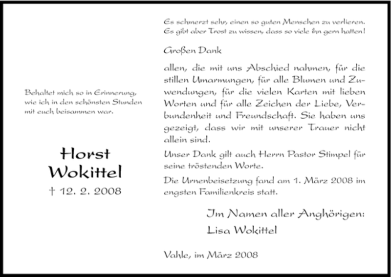  Traueranzeige für Horst Wokittel vom 08.03.2008 aus HNA
