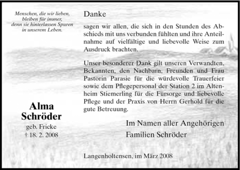  Traueranzeige für Alma Schröder vom 08.03.2008 aus HNA