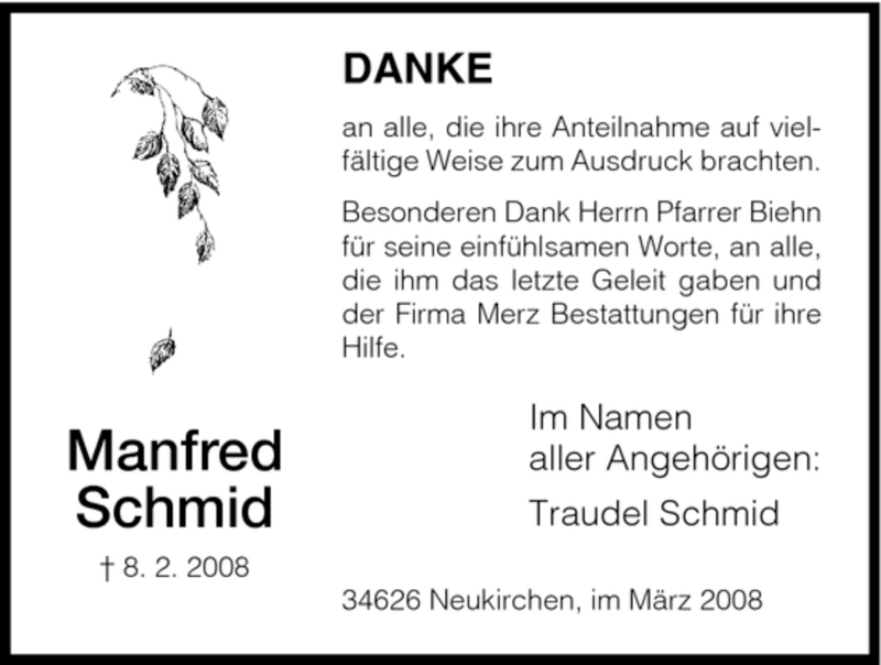  Traueranzeige für Manfred Schmid vom 08.03.2008 aus HNA