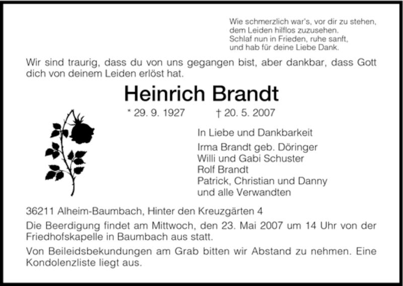  Traueranzeige für Heinrich Brandt vom 22.05.2007 aus HNA