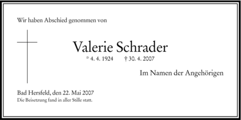  Traueranzeige für Valerie Schrader vom 22.05.2007 aus HNA