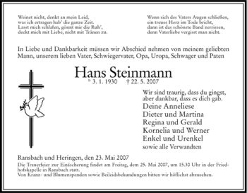 Traueranzeige von Hans Steinmann von HNA