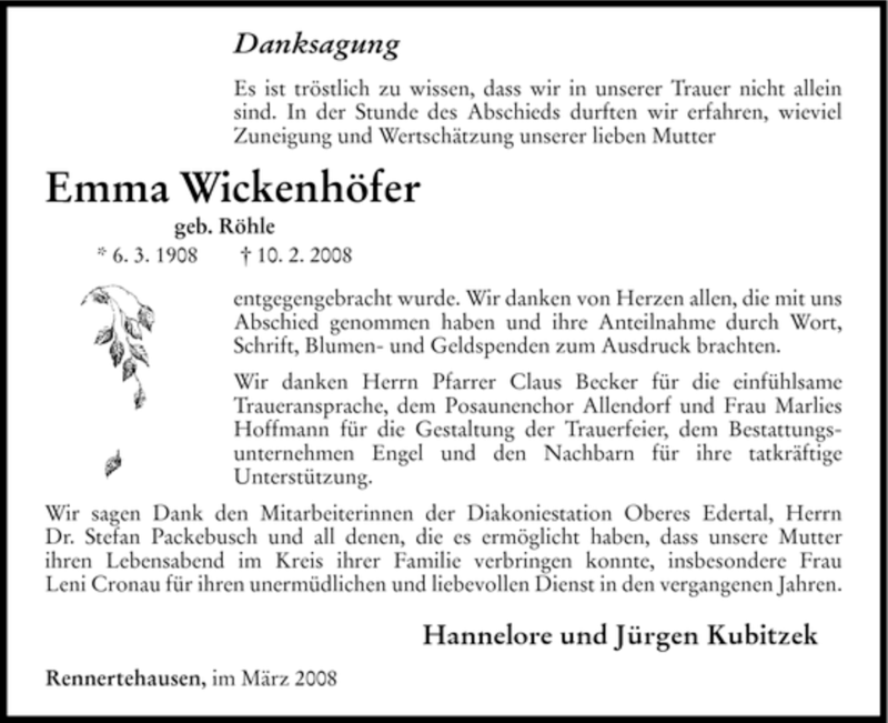  Traueranzeige für Emma Wickenhöfer vom 20.03.2008 aus HNA