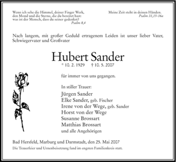 Traueranzeige von Hubert Sander von HNA