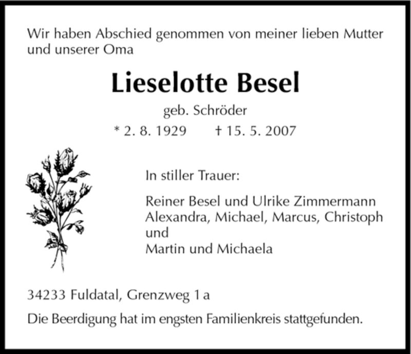  Traueranzeige für Lieselotte Besel vom 26.05.2007 aus HNA